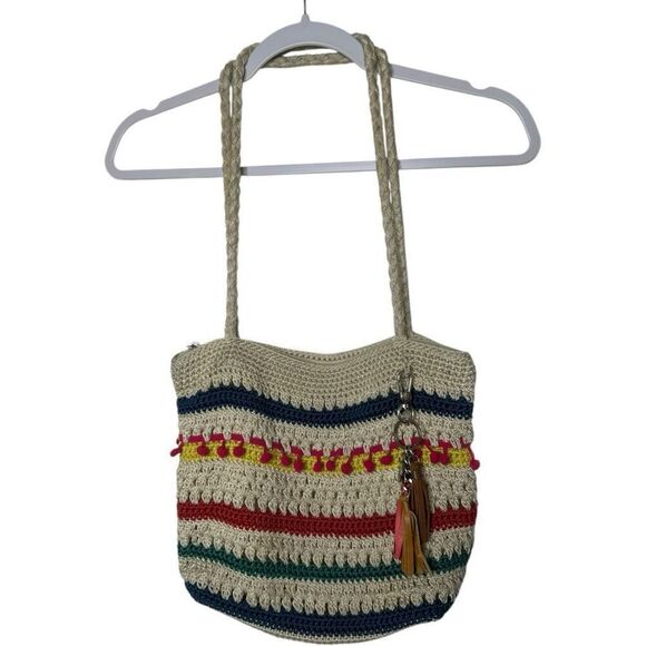 The Sak Crocheted Shoulder Bag Medium Handbag Stripes with pink pom pom row $79 - Picture 1 of 7
